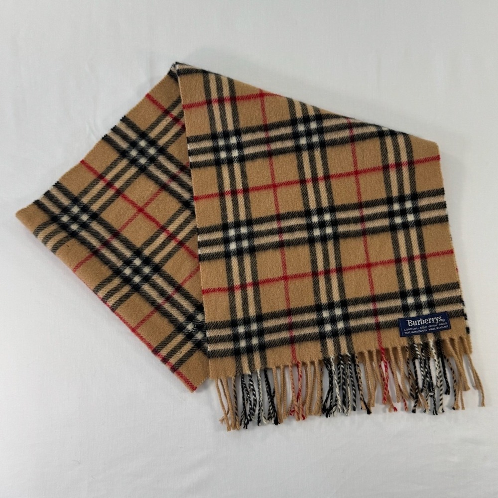 Burberrys Vintage Scarf Nova Check Camel Tan Pure Lambswool Made in England